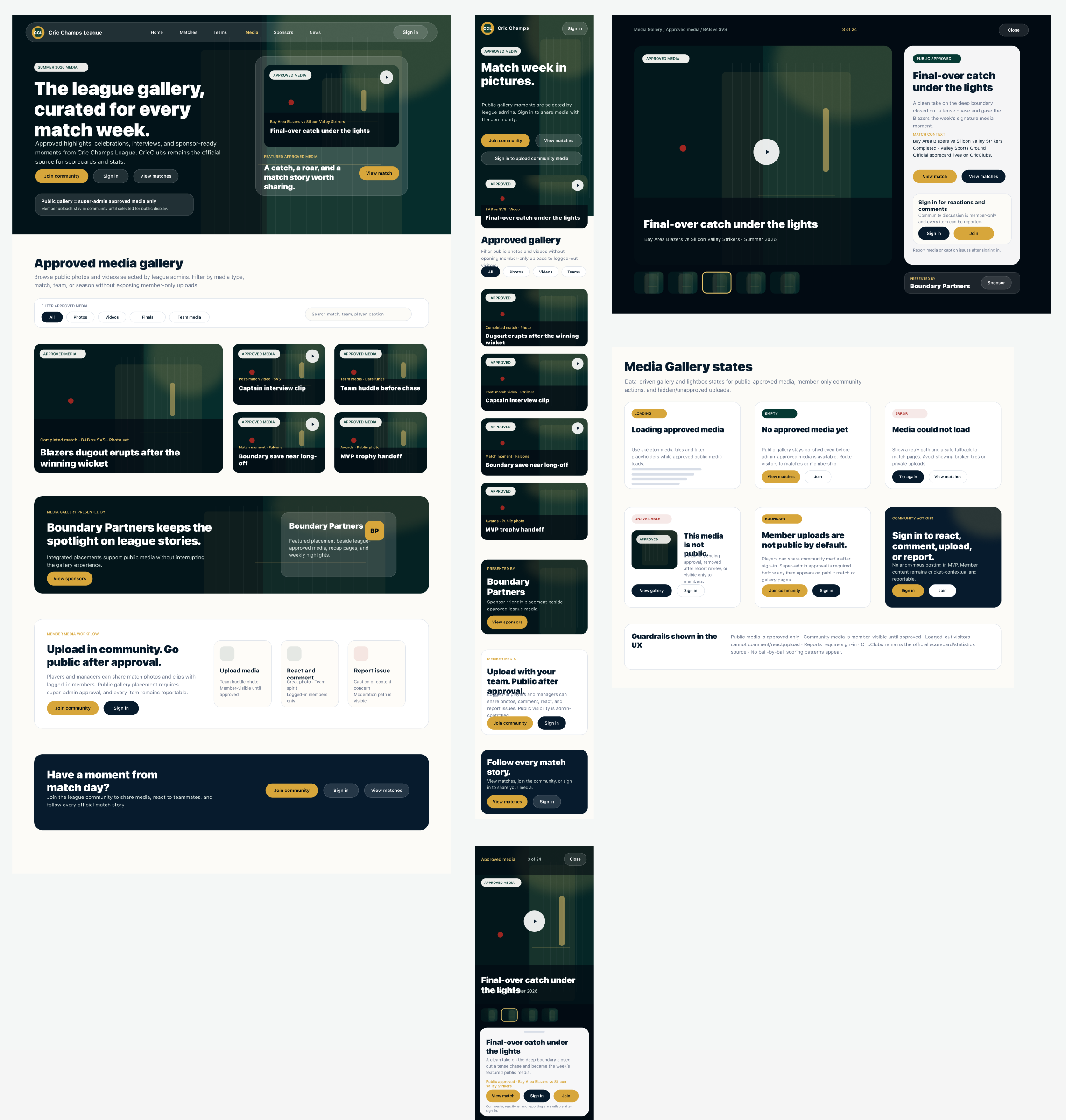 Figma screen group for Cric Champs League media gallery and approved media lightbox