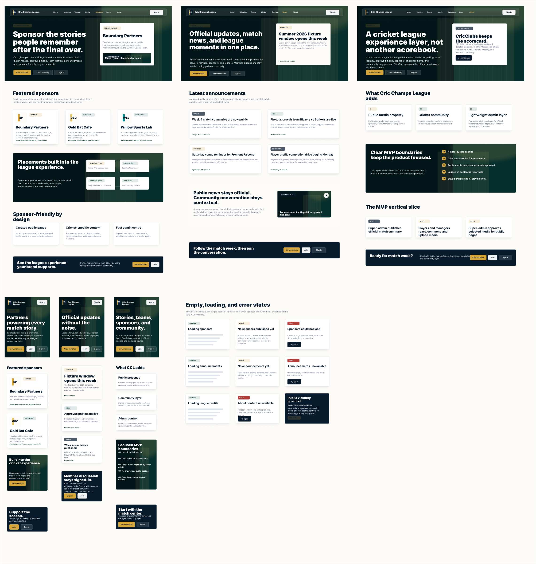 Figma screen group for Cric Champs League sponsors, announcements, and about pages