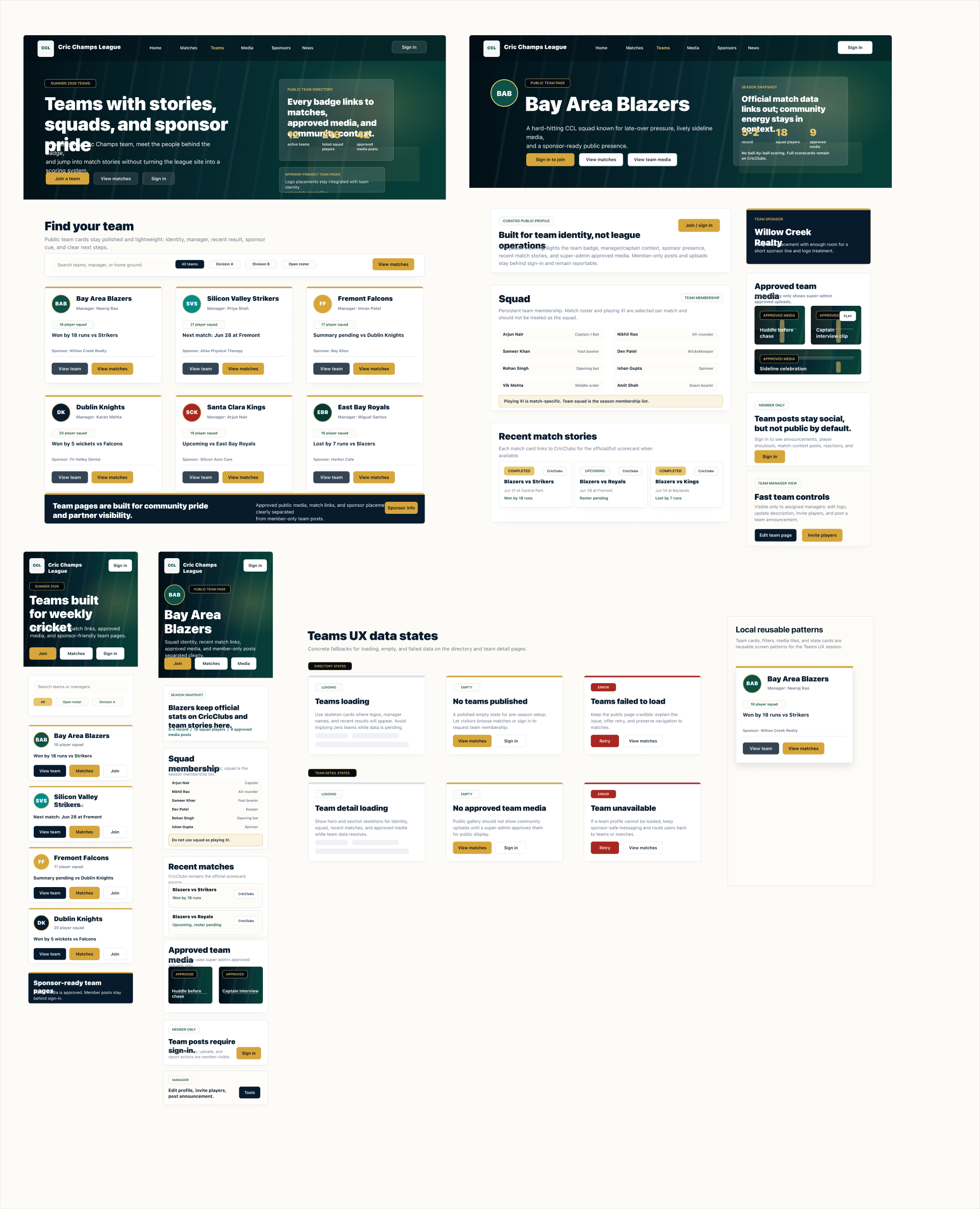 Figma screen group for Cric Champs League teams directory and team detail pages