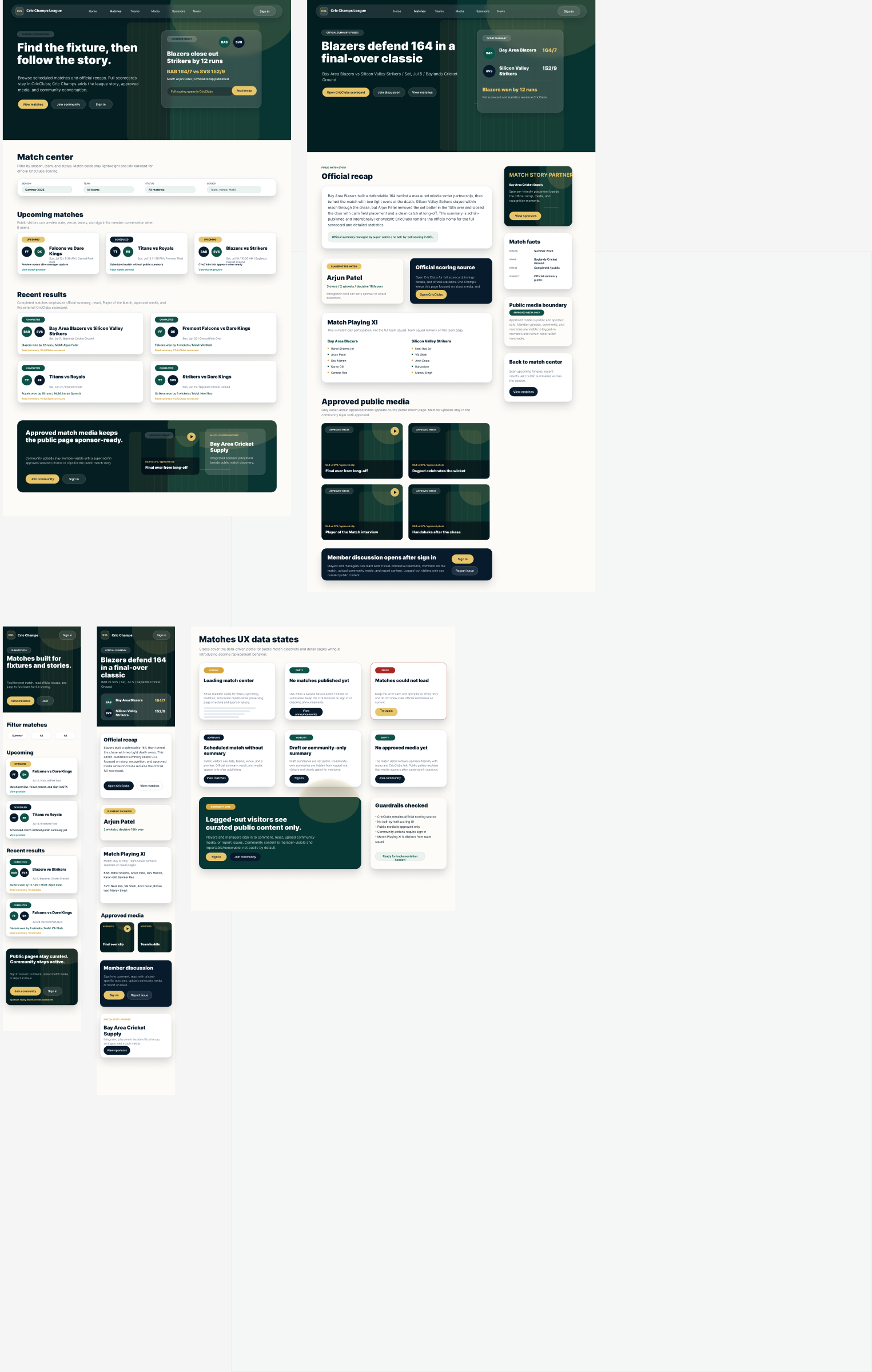 Figma screen group for Cric Champs League matches and match detail pages